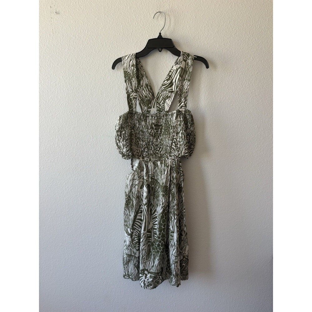 By Anthropologie Square-Neck Smocked Cut-Out Mini Dress, Moss, Size Large NWT